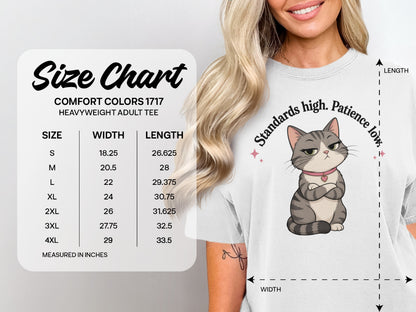 Comfort Colors 1717 heavyweight adult tee size chart with cat graphic.