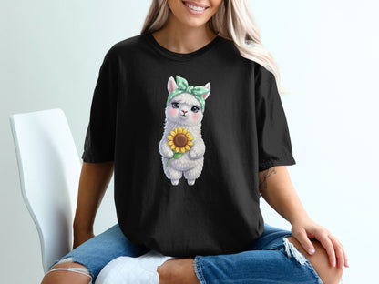 Black t-shirt with a cartoon llama holding a sunflower.