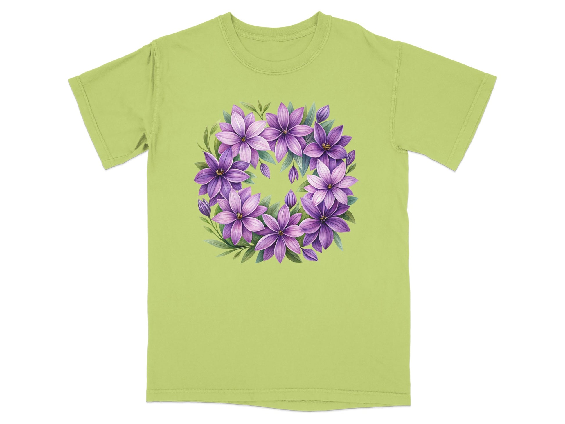Green t-shirt with a circular floral design of purple and pink flowers.