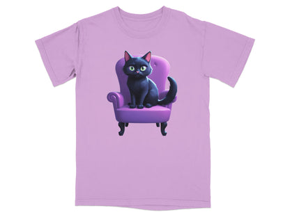 Black cat sitting on a purple armchair, displayed on a pink t-shirt.