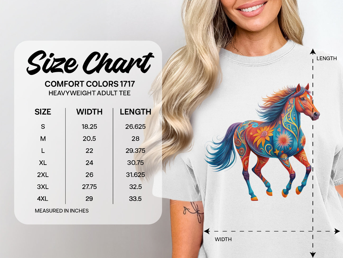 Size chart for heavyweight adult t-shirts with measurements and colorful horse graphic.