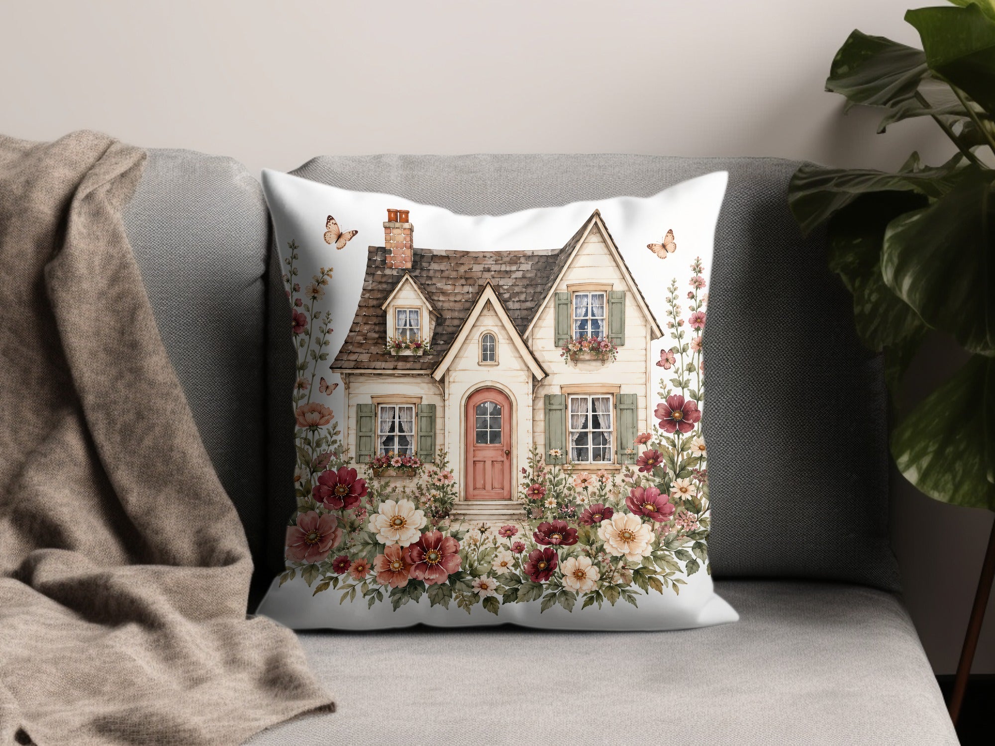 Pillow with watercolor illustration of a house surrounded by flowers and butterflies.