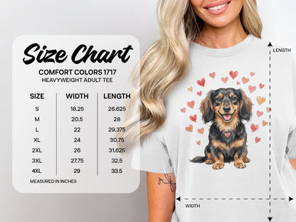 Comfort Colors 1717 heavyweight adult tee size chart with dachshund graphic.