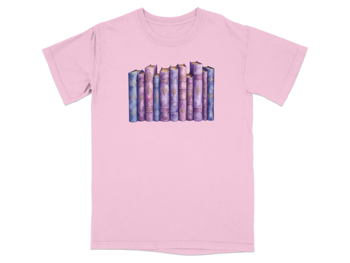 Watercolor illustration of a row of antique books with gold trim on a pink t-shirt.