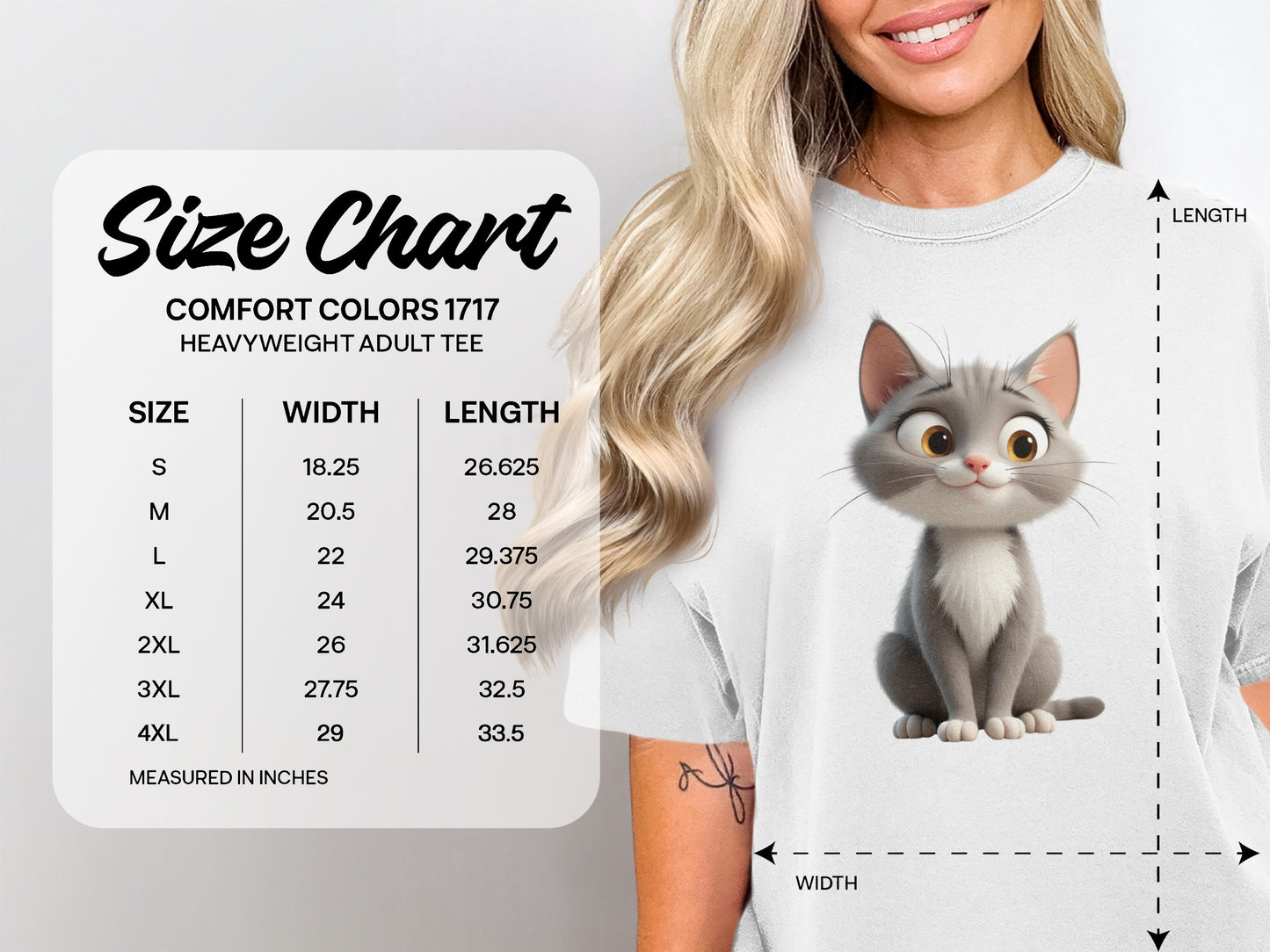 Comfort Colors 1717 heavyweight adult tee size chart with measurements.