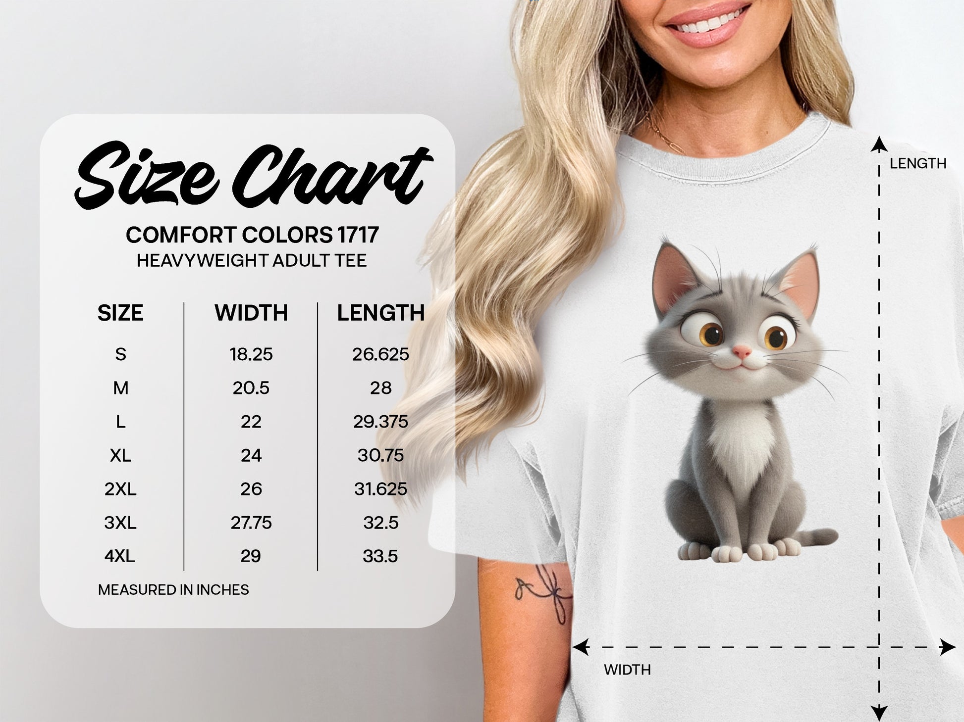 Comfort Colors 1717 heavyweight adult tee size chart with measurements.