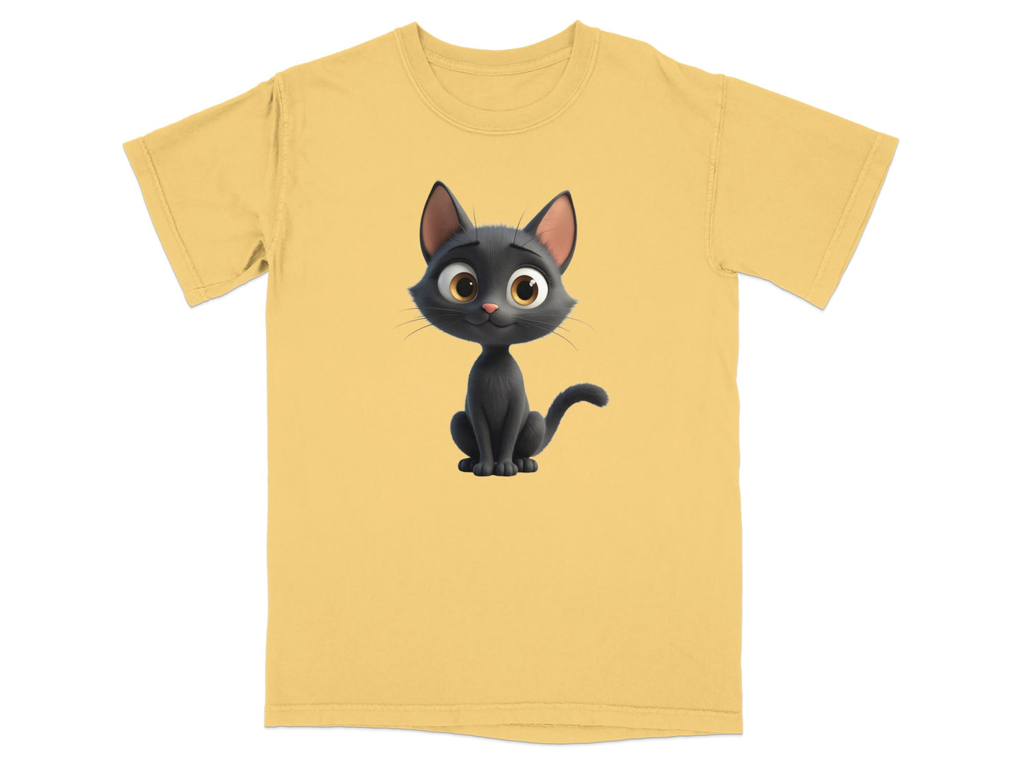 Black cartoon cat illustration on a yellow t-shirt.