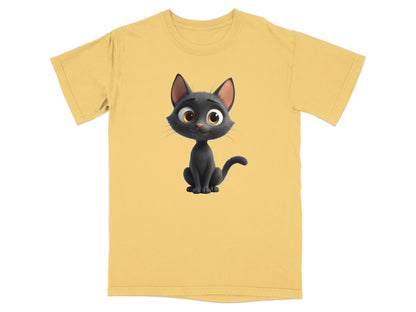Black cartoon cat illustration on a yellow t-shirt.