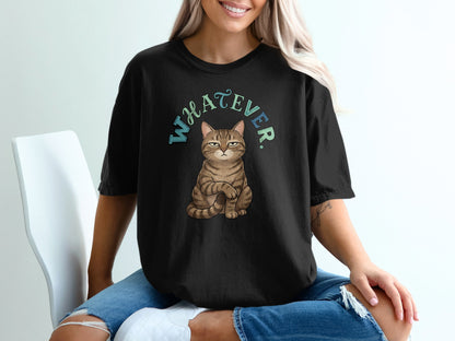 Black t-shirt with a grumpy cat and "Whatever" text.