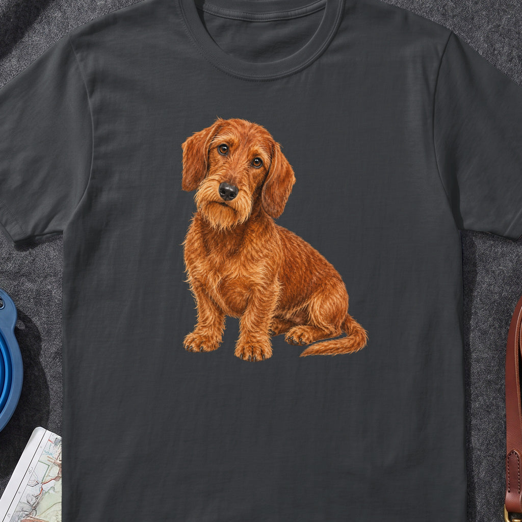 Wirehaired dachshund illustration on a charcoal grey t-shirt.