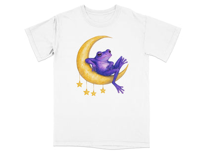 Purple frog lounging on crescent moon with dangling stars.