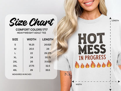 Comfort Colors 1717 heavyweight t-shirt size chart with measurements.