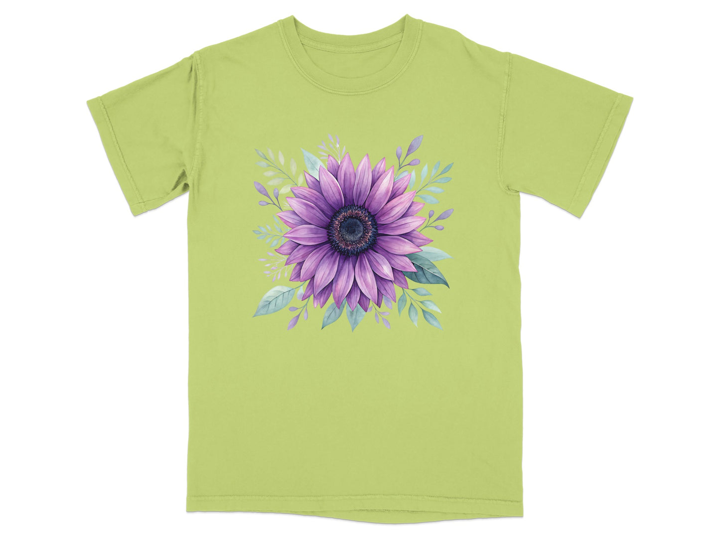 Green t-shirt with a purple sunflower and purple leaves design.
