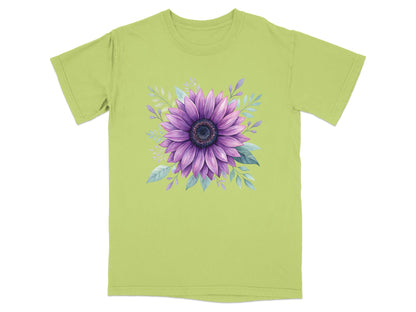 Green t-shirt with a purple sunflower and purple leaves design.