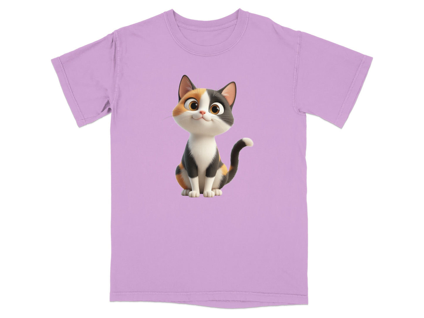Lavender t-shirt featuring a cartoon calico cat with wide eyes.