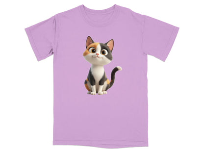 Lavender t-shirt featuring a cartoon calico cat with wide eyes.
