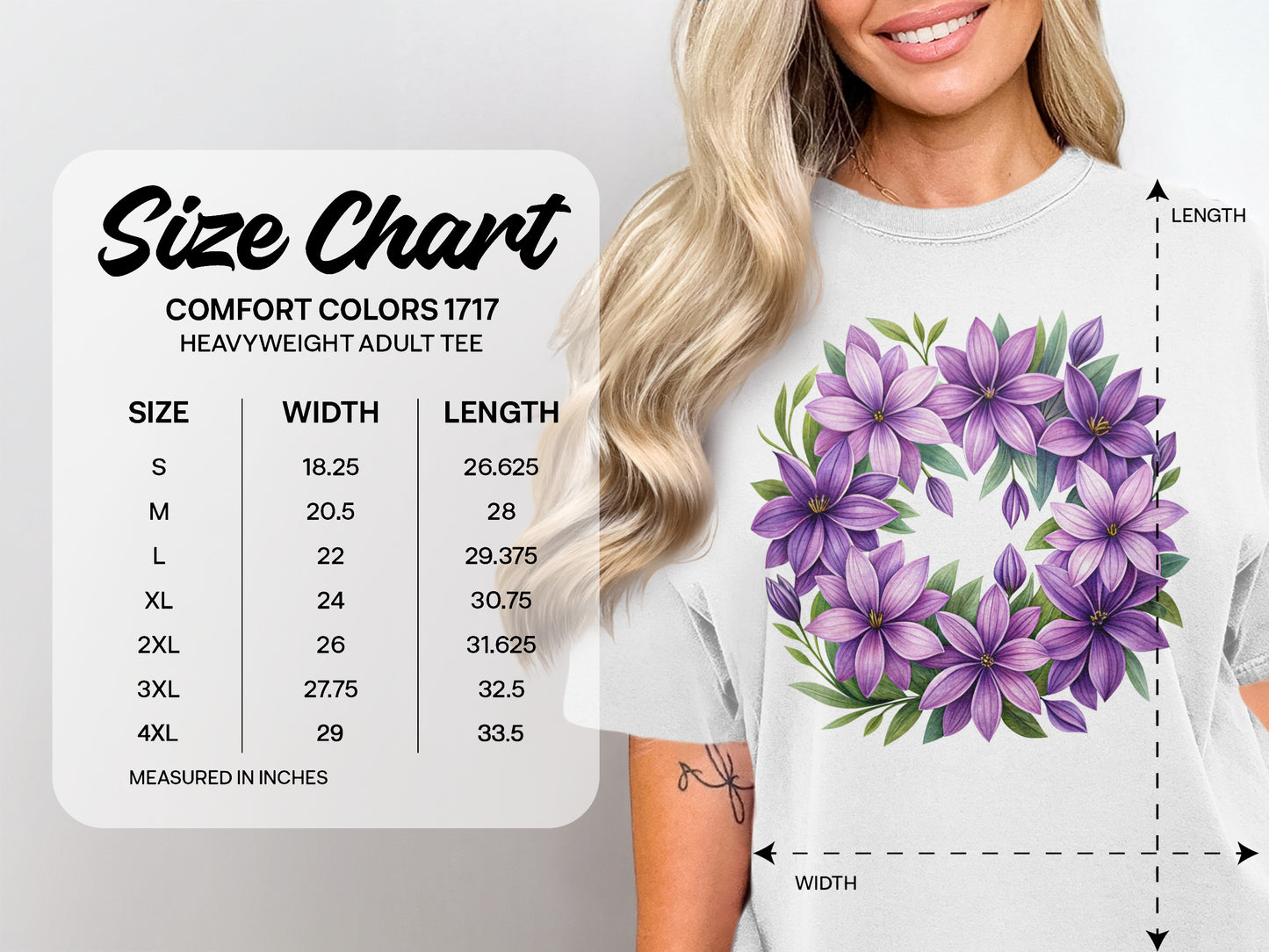 Comfort Colors 1717 heavyweight adult tee size chart with measurements.