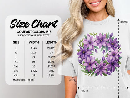 Comfort Colors 1717 heavyweight adult tee size chart with measurements.