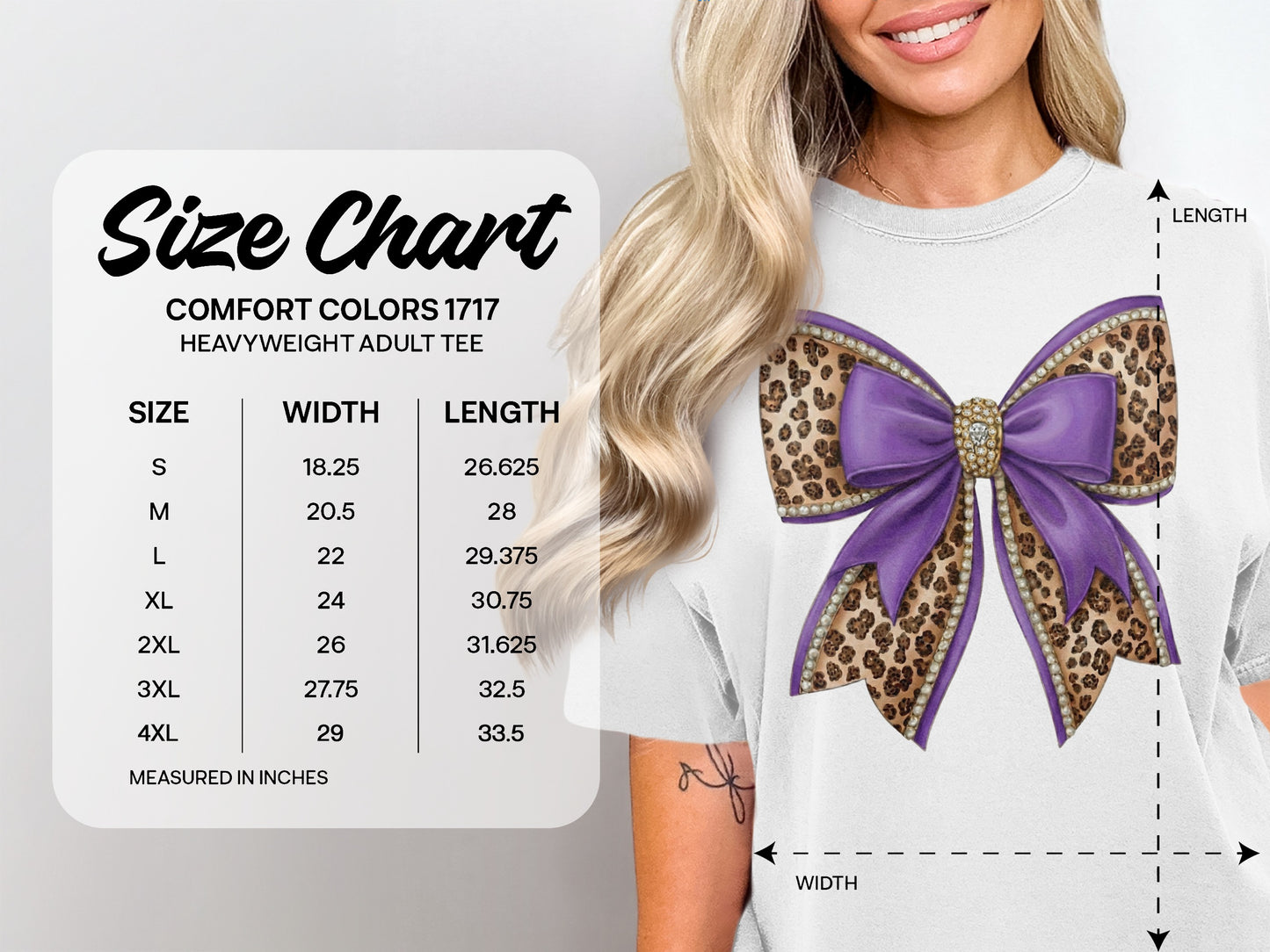Comfort Colors 1717 heavyweight adult tee size chart with measurements in inches.