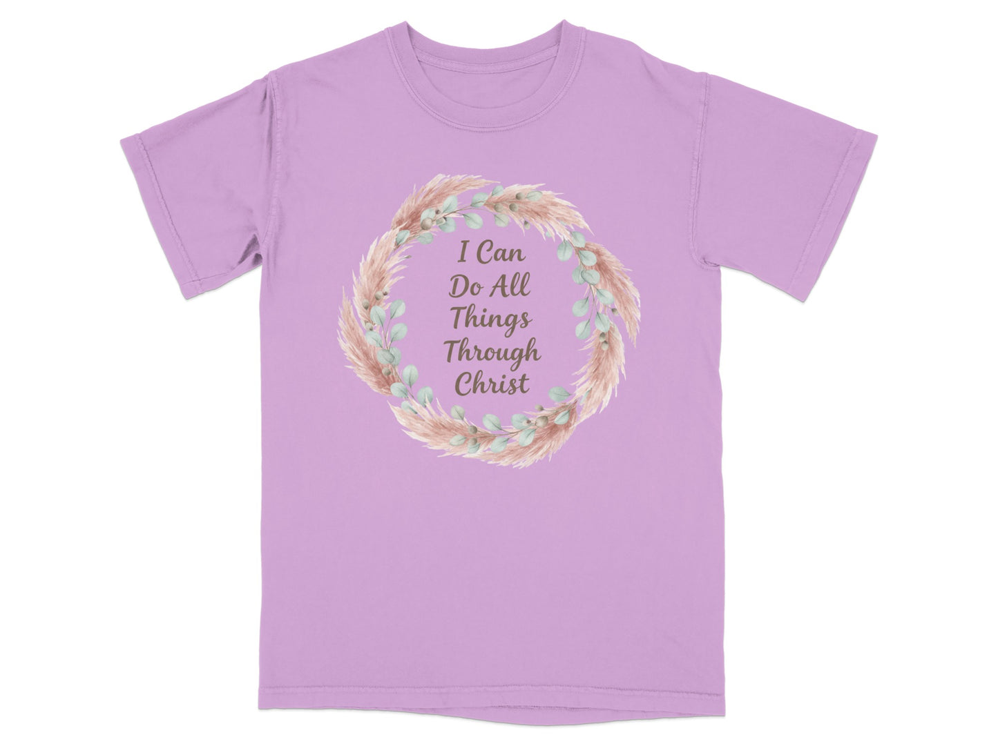 Purple t-shirt with "I Can Do All Things Through Christ" text in a floral wreath.