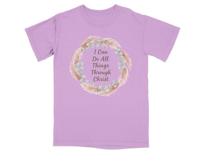 Purple t-shirt with "I Can Do All Things Through Christ" text in a floral wreath.