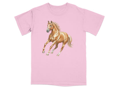 Pink t-shirt featuring a watercolor painting of a galloping palomino horse.