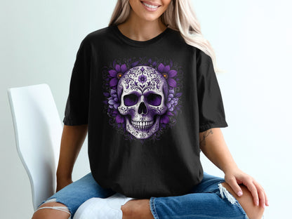 Black t-shirt with a purple floral skull graphic.