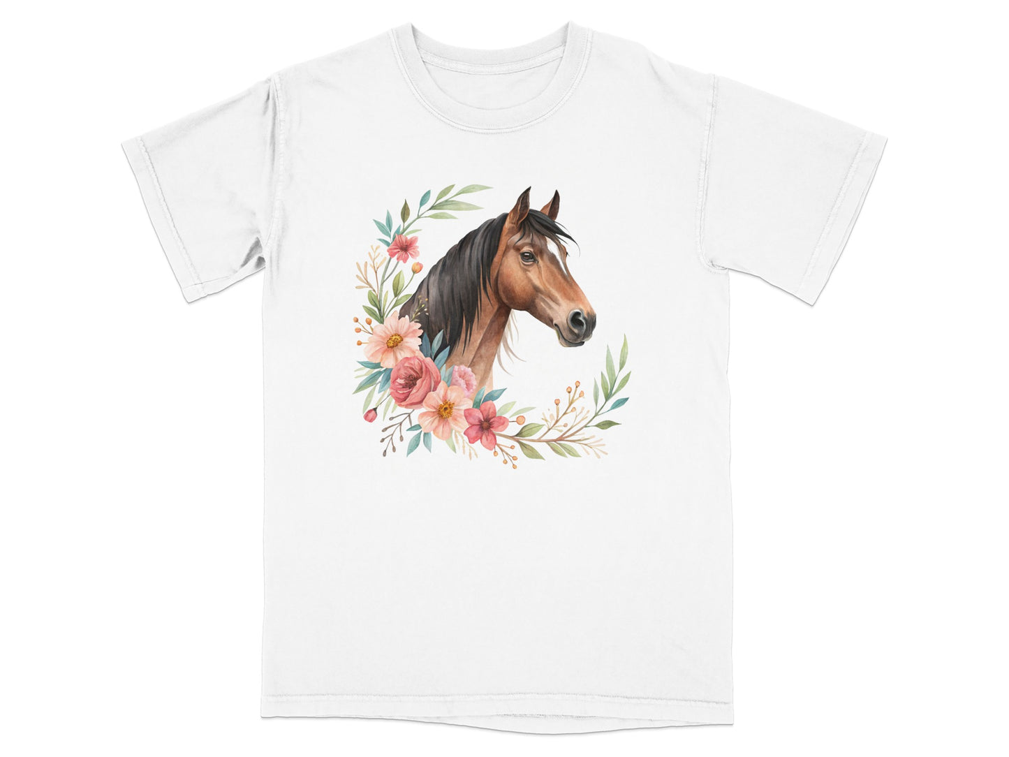 Watercolor horse portrait surrounded by floral wreath on white t-shirt.