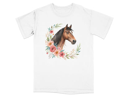 Watercolor horse portrait surrounded by floral wreath on white t-shirt.