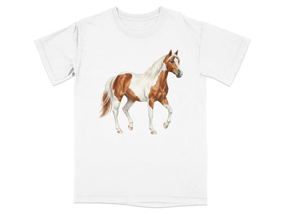 White t-shirt with a painted brown and white horse in profile.