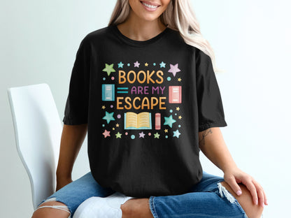 Black t-shirt with "BOOKS ARE MY ESCAPE" and book and star graphic.