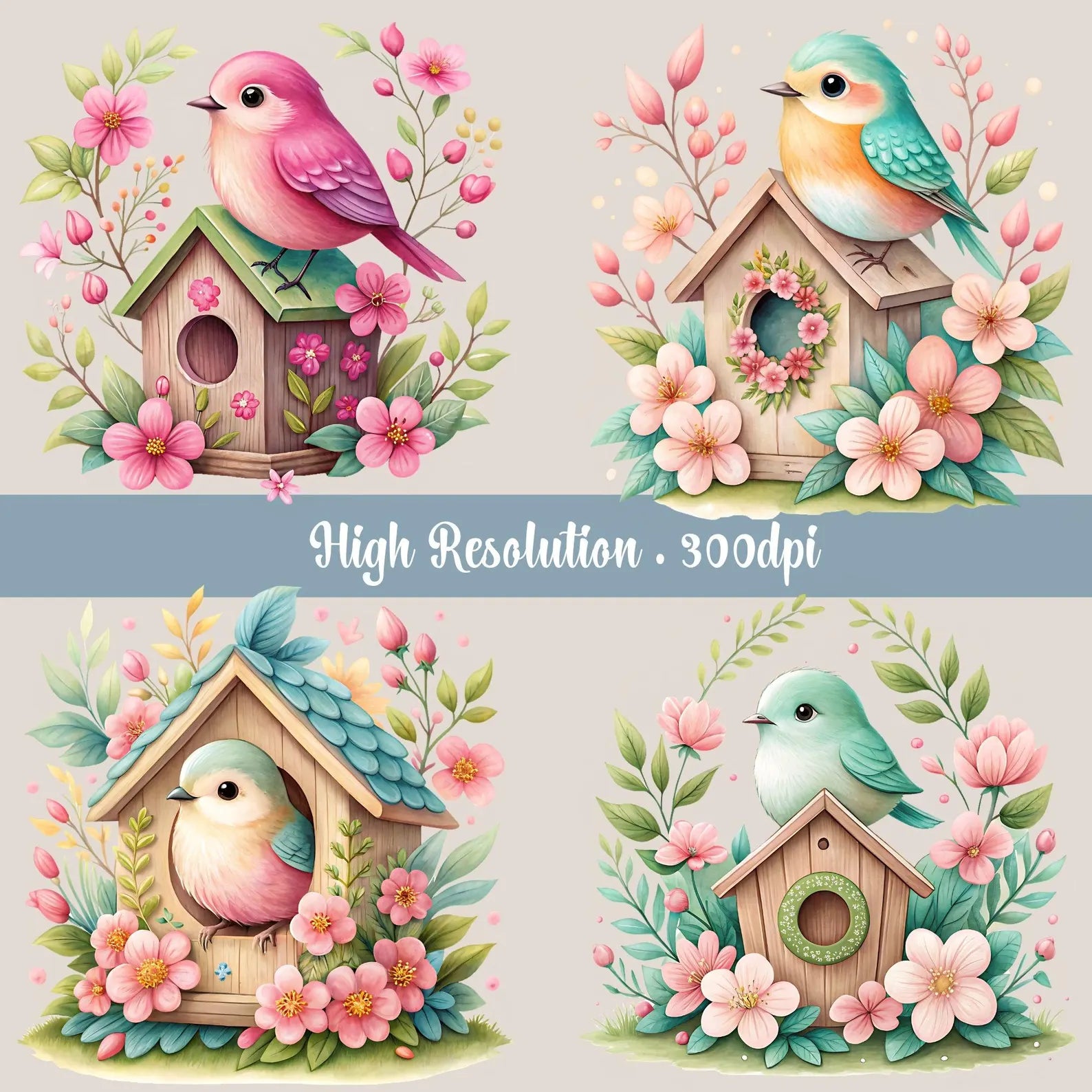 Cute Birds & Birdhouses Watercolor Clipart Bundle | 15 PNG Designs
