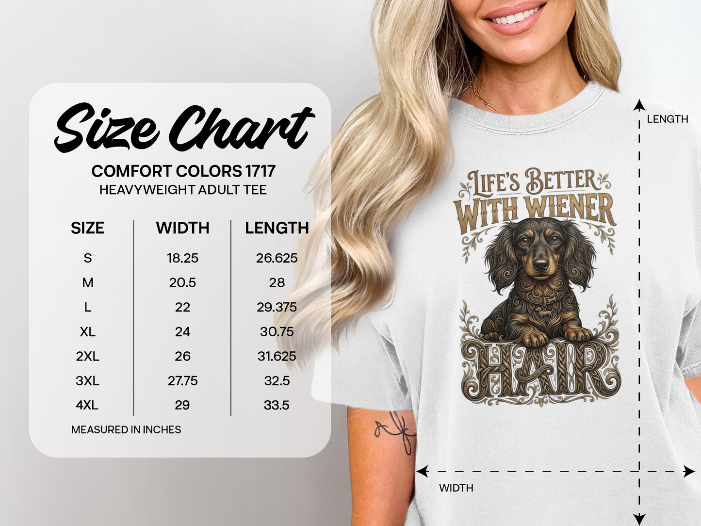 Size chart for a Comfort Colors 1717 heavyweight adult tee with dachshund graphic.