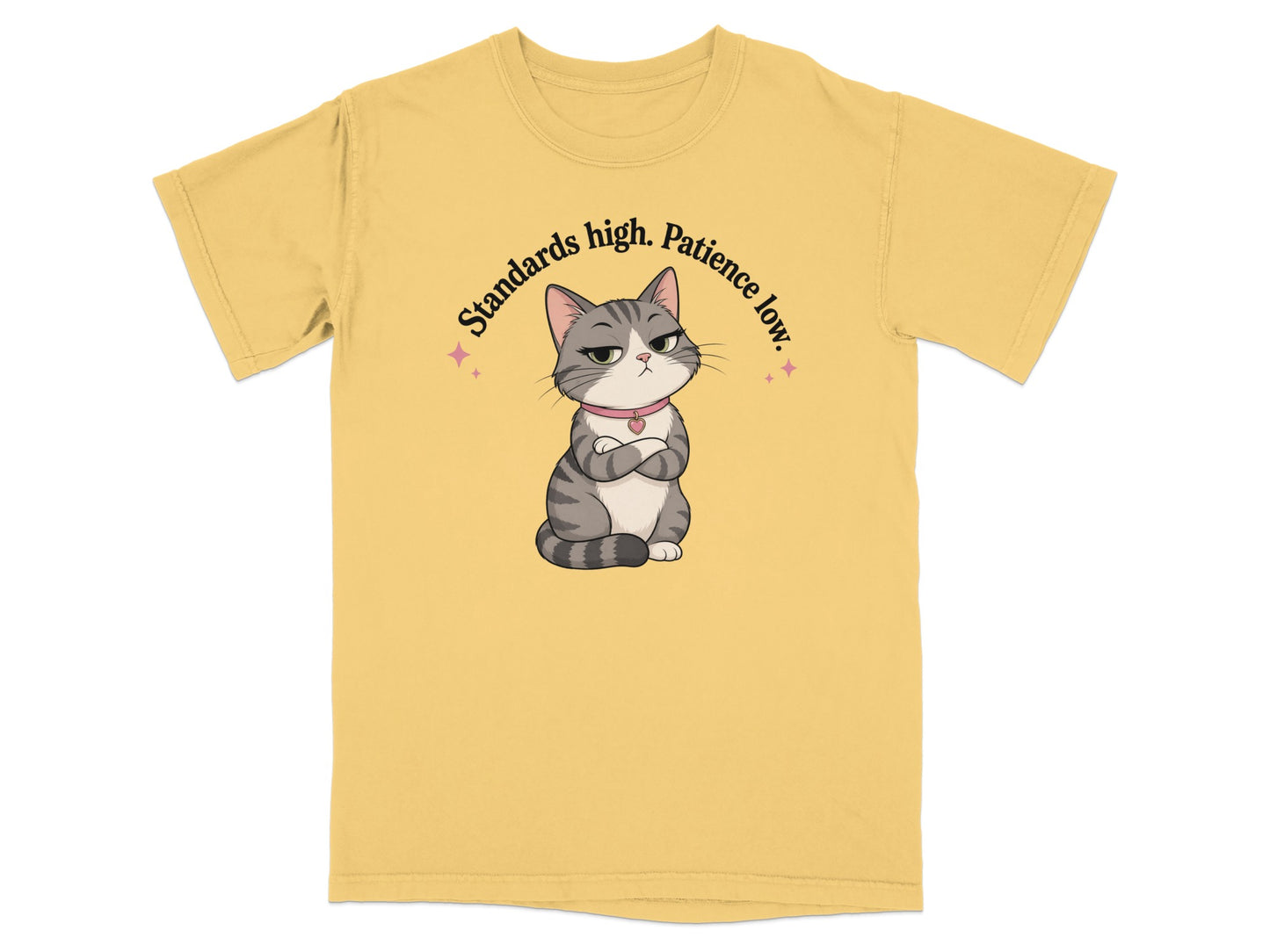 Yellow t-shirt with a grumpy cat and "Standards high. Patience low."