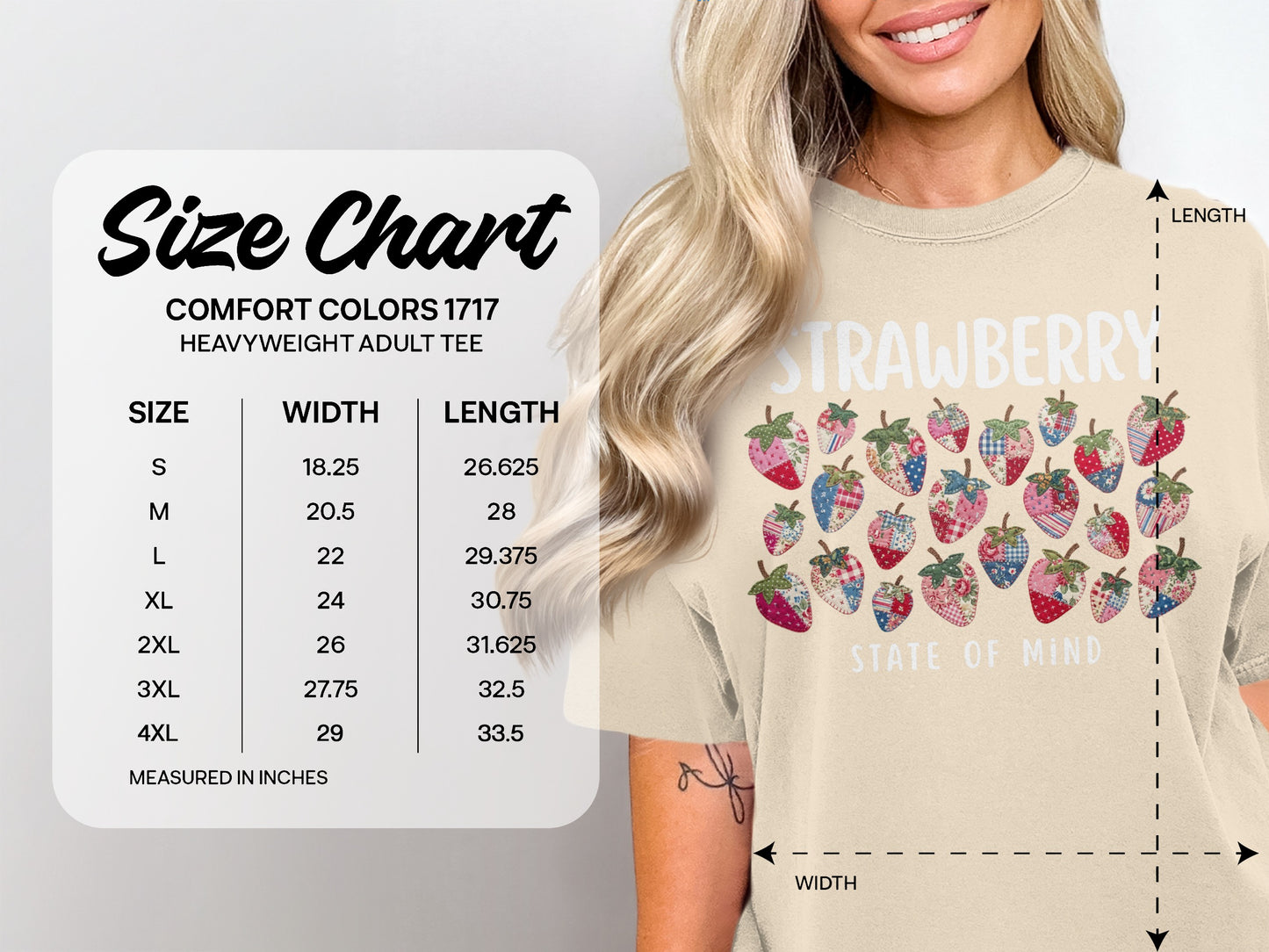 Size chart for Comfort Colors 1717 heavyweight adult tee, showing size, width, and length.
