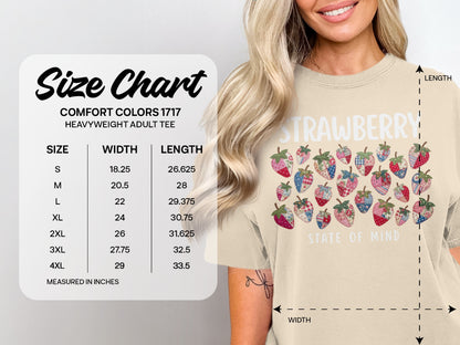 Size chart for Comfort Colors 1717 heavyweight adult tee, showing size, width, and length.