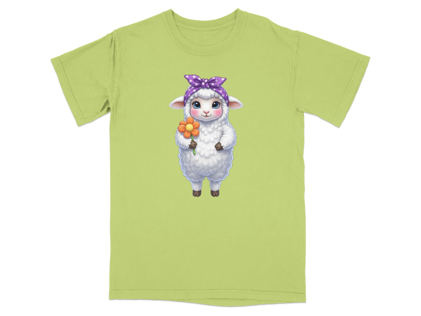 Cartoon sheep with purple bow and orange flower on light green t-shirt.