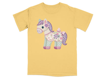 Yellow t-shirt with a quilted patchwork horse applique.
