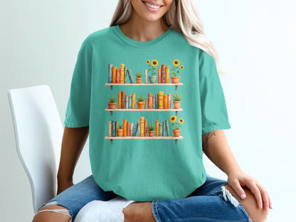 Teal t-shirt with three shelves of books and sunflowers design.