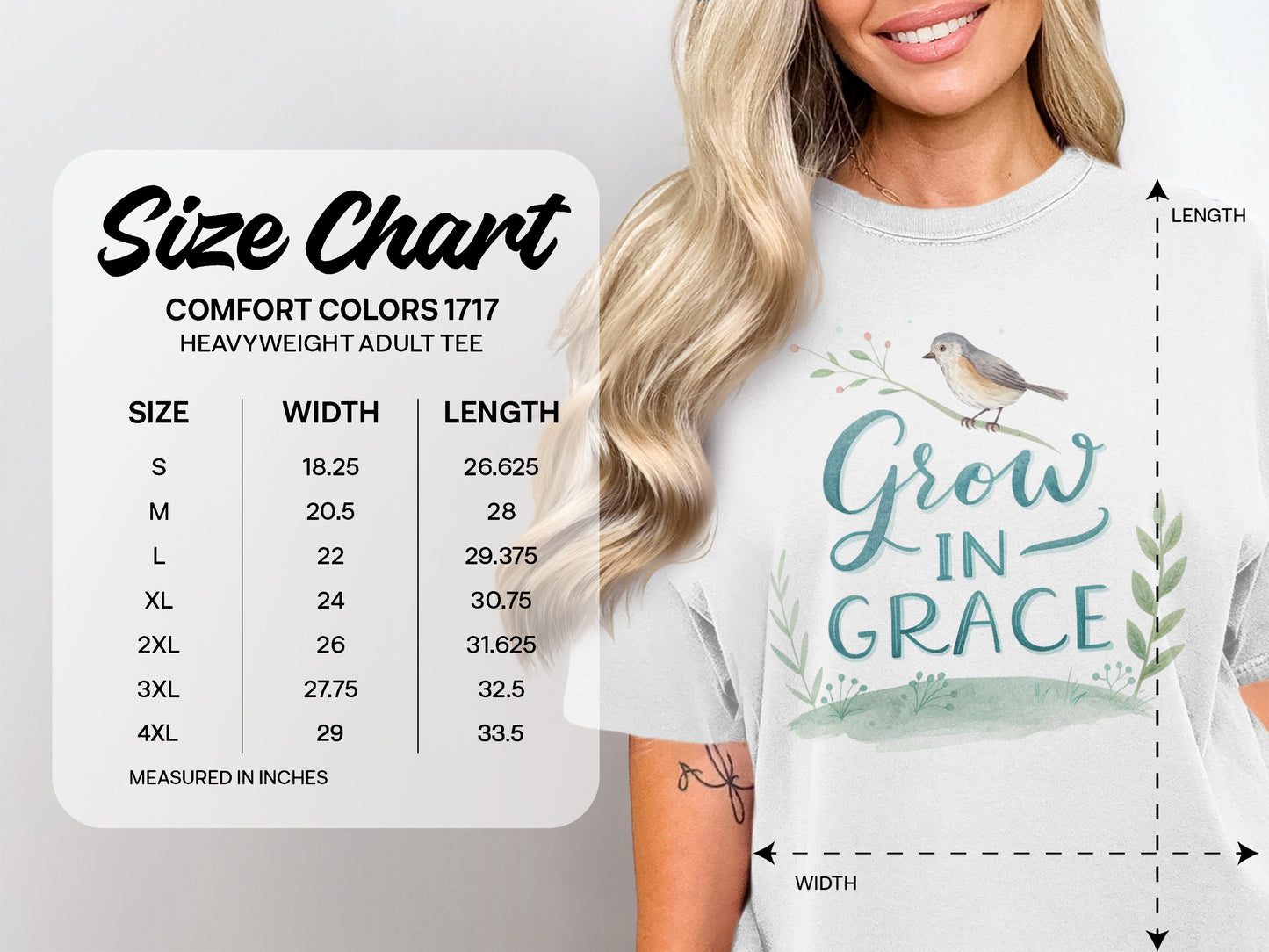 Comfort Colors 1717 heavyweight adult tee size chart with width and length measurements.