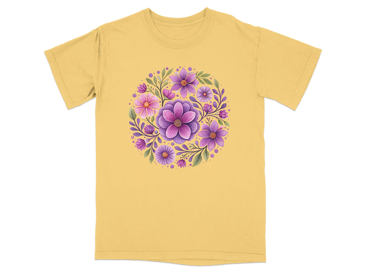 Yellow t-shirt with a circular floral design of purple and pink flowers.