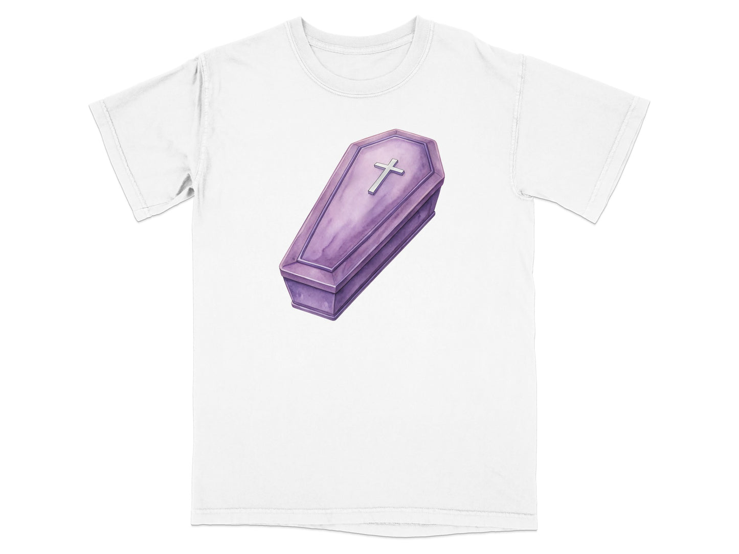 White t-shirt with a purple watercolor coffin graphic with a silver cross.