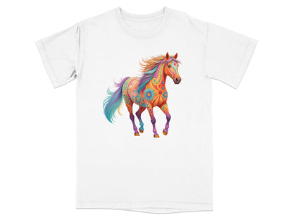 Colorful psychedelic horse design on a white t-shirt.
