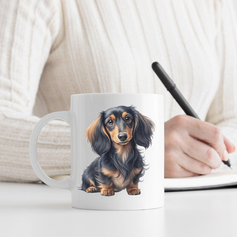 Long-haired dachshund watercolor design on a white mug