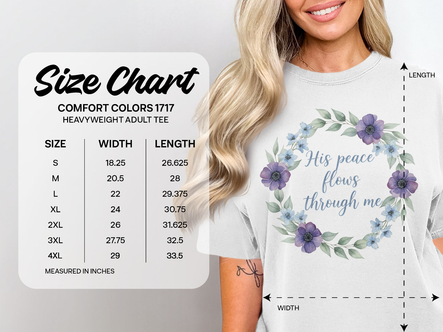 Comfort Colors 1717 size chart for heavyweight adult tees with measurements.
