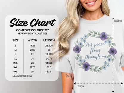Comfort Colors 1717 size chart for heavyweight adult tees with measurements.
