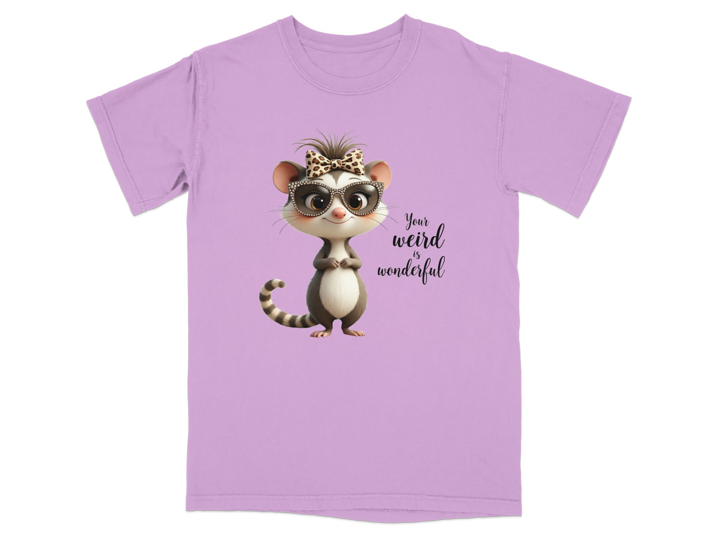 Purple t-shirt with cartoon opossum wearing glasses and text "Your weird is wonderful."