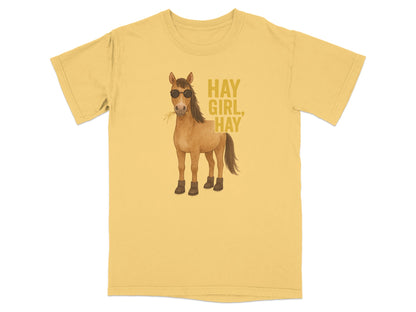 Yellow t-shirt with a cartoon horse wearing sunglasses and boots, text reads "HAY GIRL, HAY".
