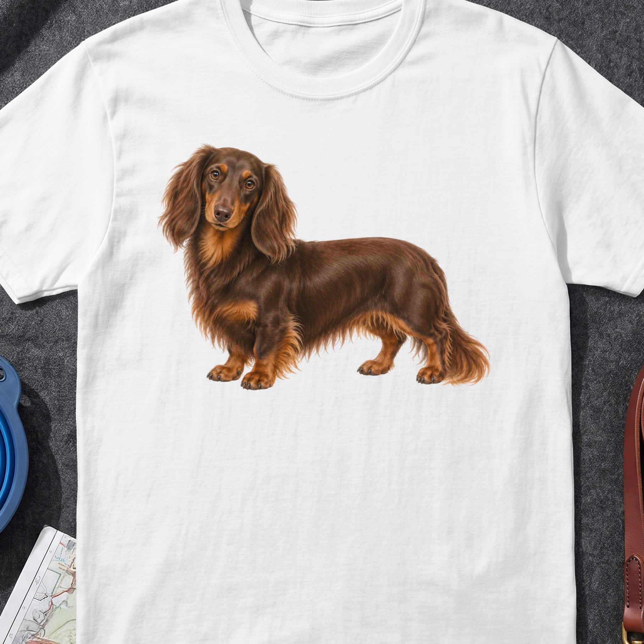 White t-shirt with a detailed illustration of a long-haired chocolate dachshund.