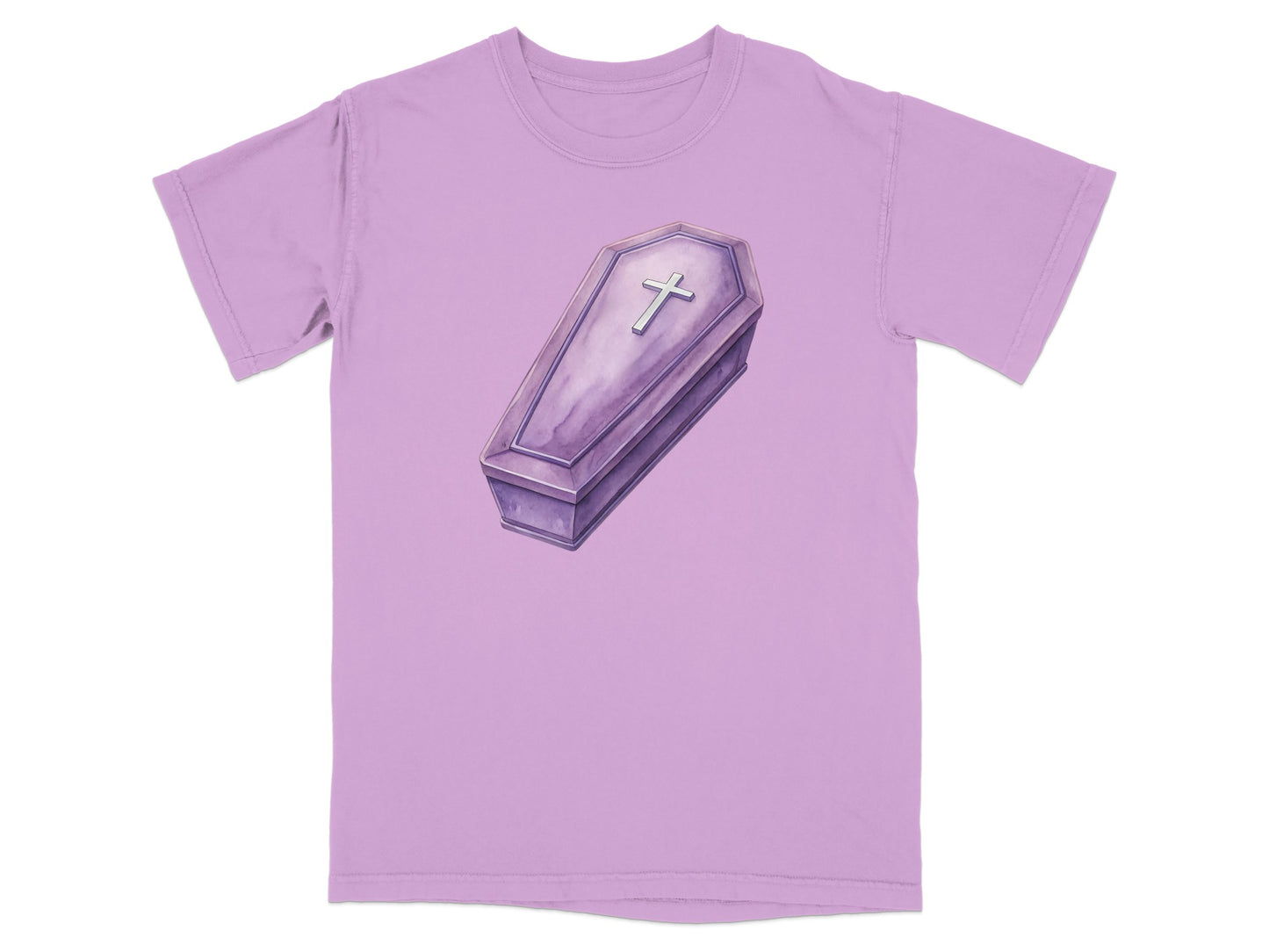 Purple coffin with silver cross graphic on light purple t-shirt.